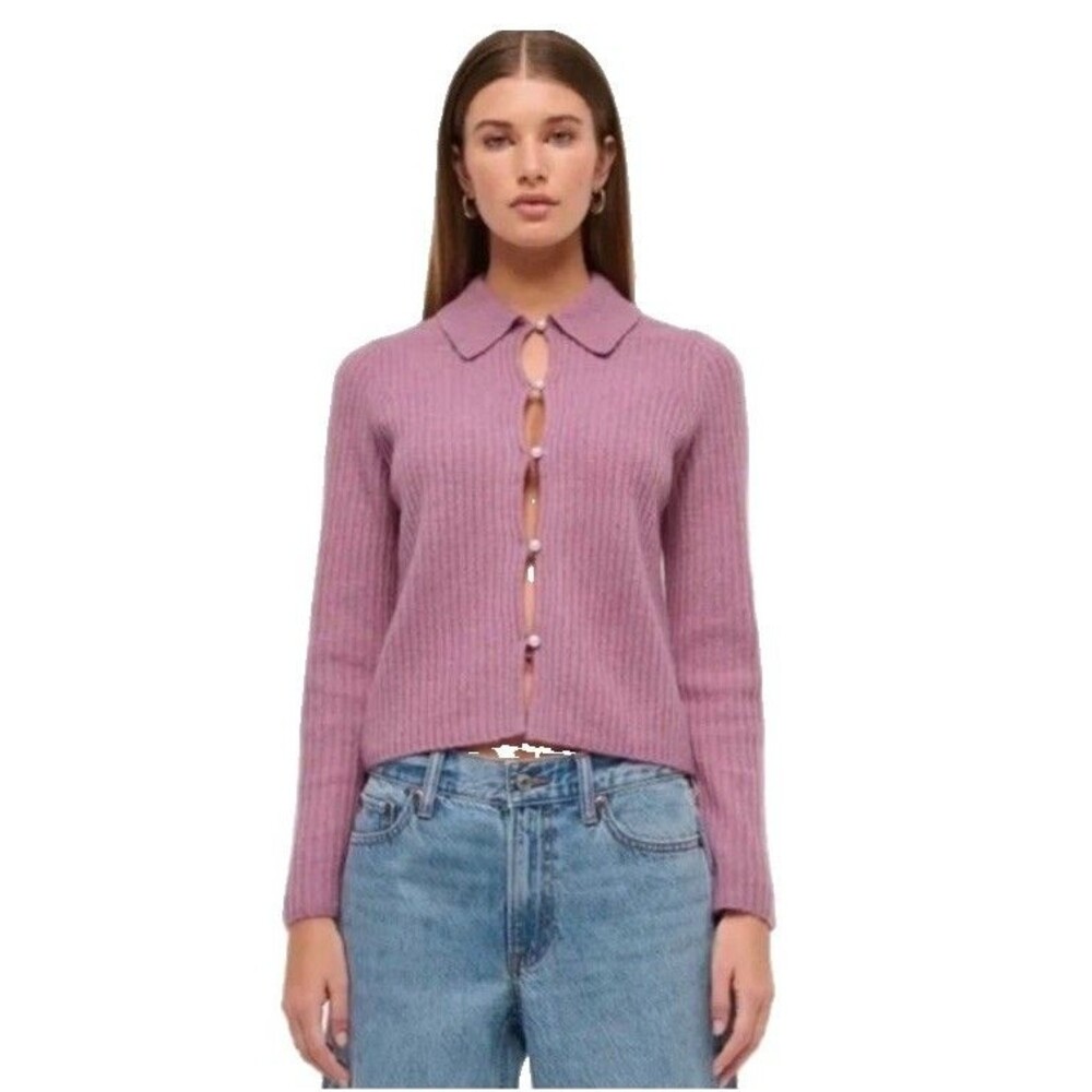Abercrombie & Fitch Mauve/Purple Ribbed Pearl Button Size L Collar Cardigan